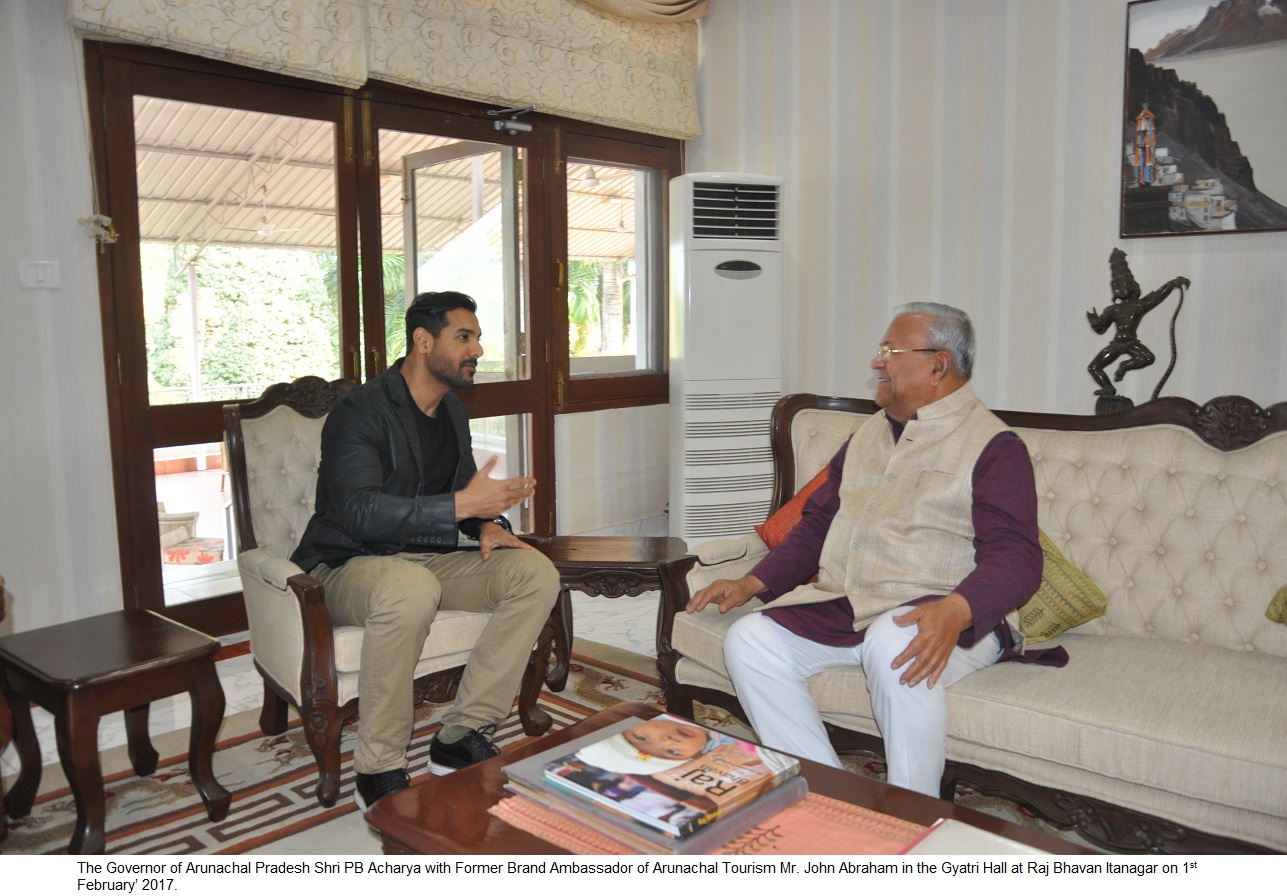 The Governor of Arunachal Pradesh Shri PB Acharya with Former Brand Ambassador of Arunachal Tourism Mr. John Abraham in the Gyatri Hall at Raj Bhavan Itanagar on 1st February 2017.